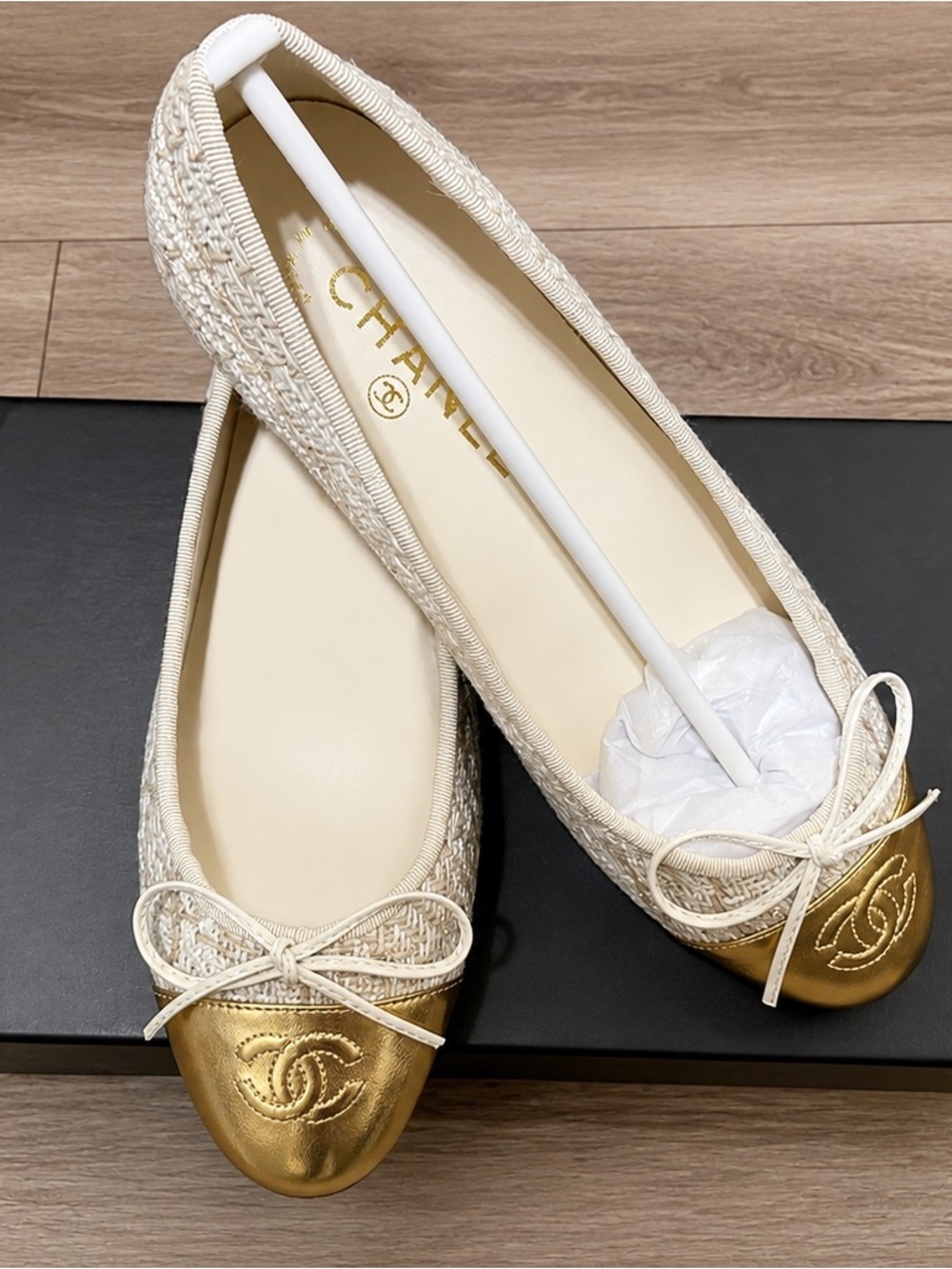 CHANEL Ivory Woven Ballet Flats with Gold Cap Toe